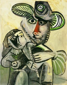 パブロ・ピカソ Painting - フルートを持つ男と子供パテルニット 1971年 パブロ・ピカソ
